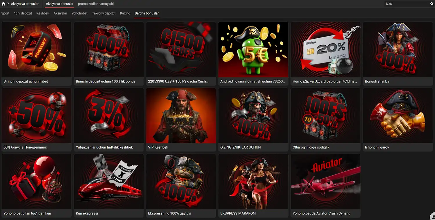 Yohoho Bet bonus dasturi