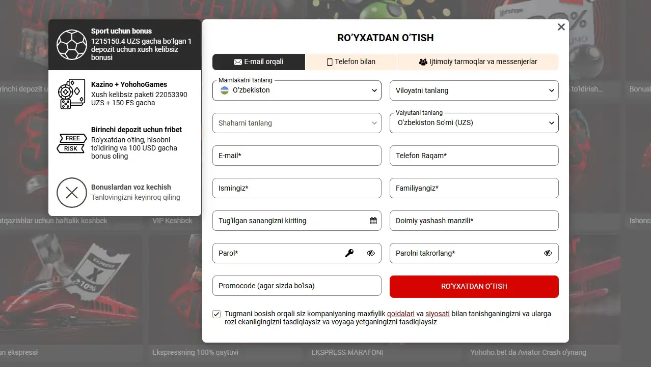 Yohoho Bet’da ro‘yxatdan o‘tish maydonlari/
